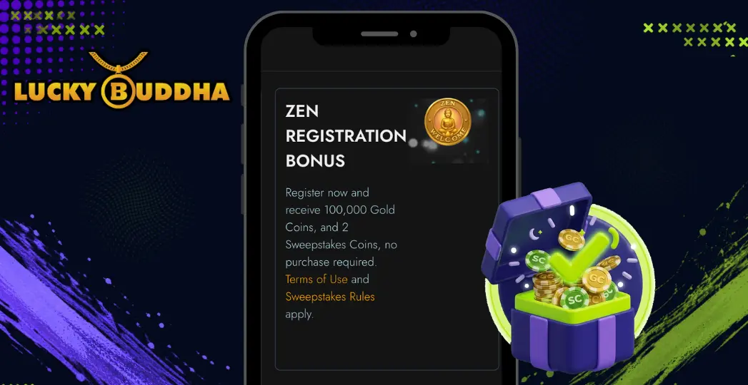 Lucky Buddha registration bonus screen on mobile with SC coin chest.