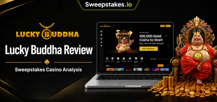 Lucky Buddha review banner with laptop lobby, Buddha figure, and gold coins.