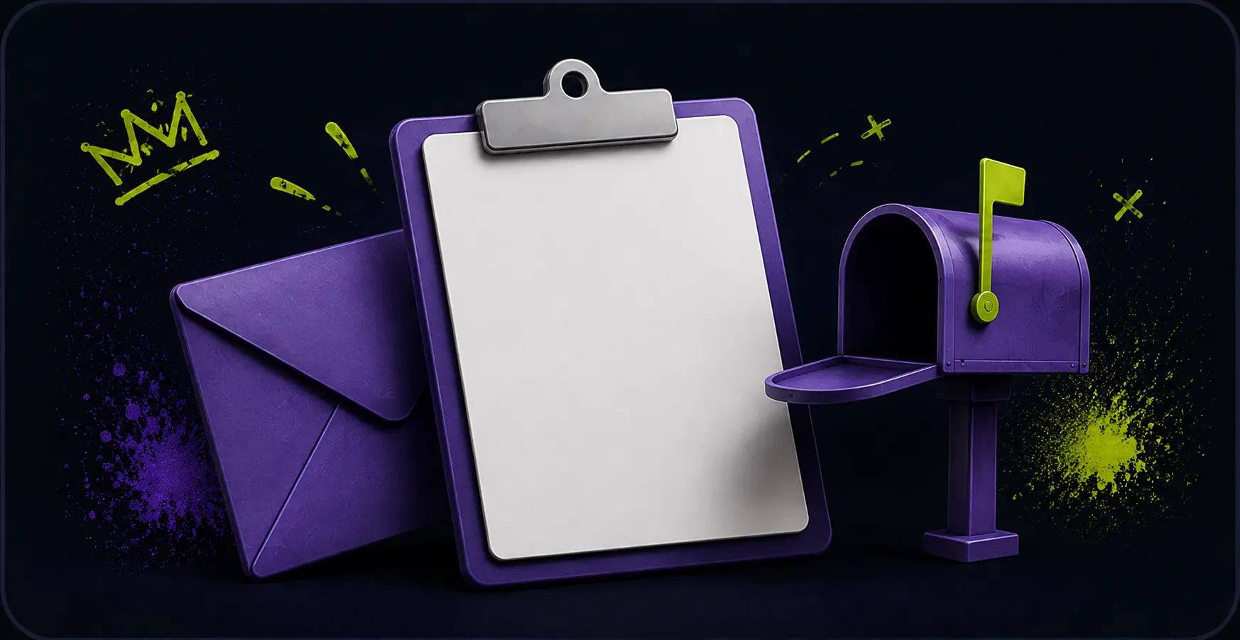 Mail-in sweepstakes request with envelope, form and mailbox