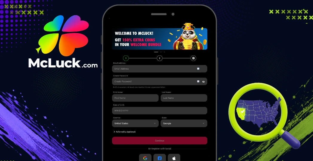 McLuck registration form on mobile with state eligibility icon.