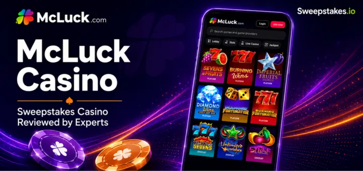 McLuck Casino review banner showing the McLuck.com logo, mobile app interface displaying slot games including Sevens & Fruits, Burning Wins, and Imperial Fruits, with casino chips and Sweepstakes.io branding