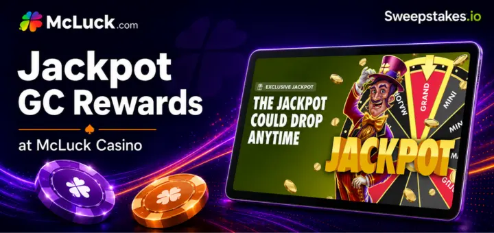 McLuck Casino Jackpot GC Rewards promotional banner featuring a jackpot wheel game with Mini, Major, and Grand prize tiers, casino chips, and Sweepstakes.io branding