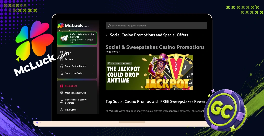 McLuck promotions page on desktop with GC coin chip.