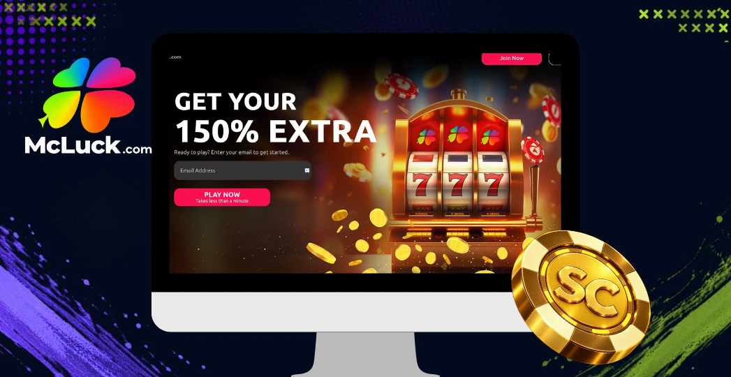 McLuck welcome offer screen on desktop with gold SC coin.