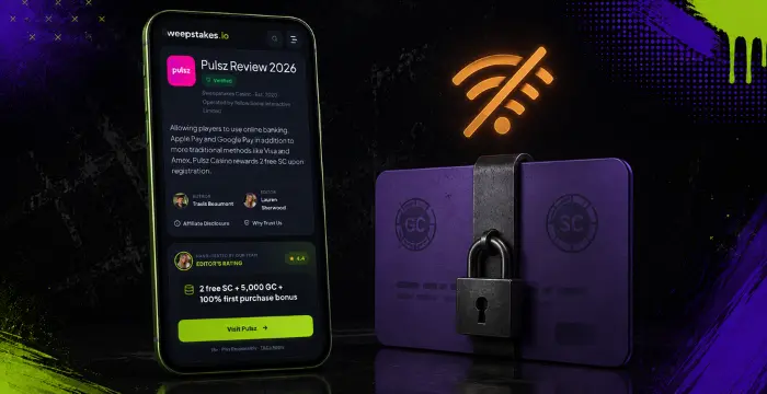 Pulsz casino review with offline warning and locked Gold Coin and Sweeps Coin cards