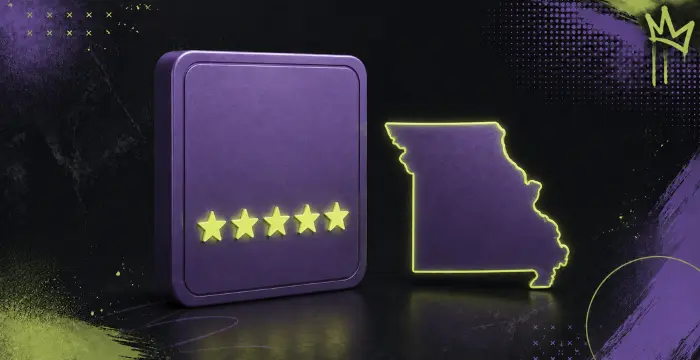 Purple five-star rating card next to glowing outline map of Missouri