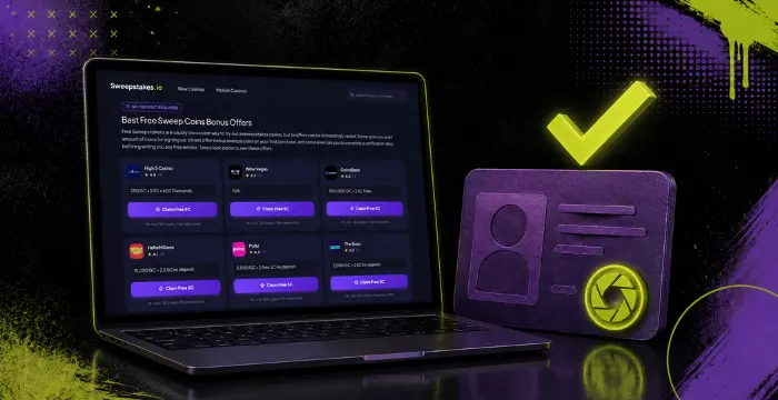 Laptop showing Sweepstakes.io free SweepCoins offers beside ID card and green checkmark