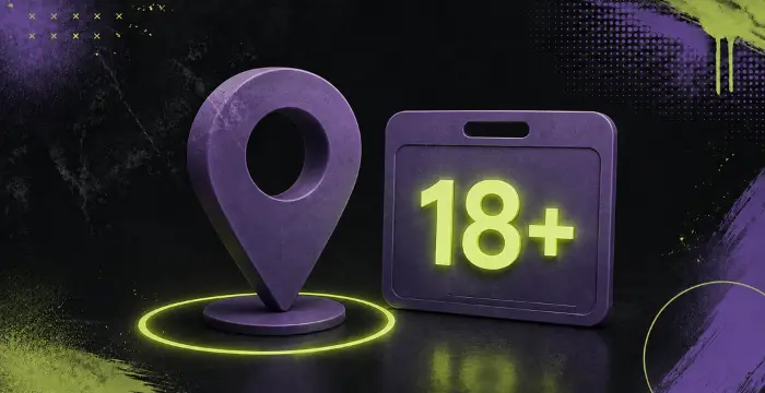 Purple location pin with glowing base beside purple 18+ age restriction card