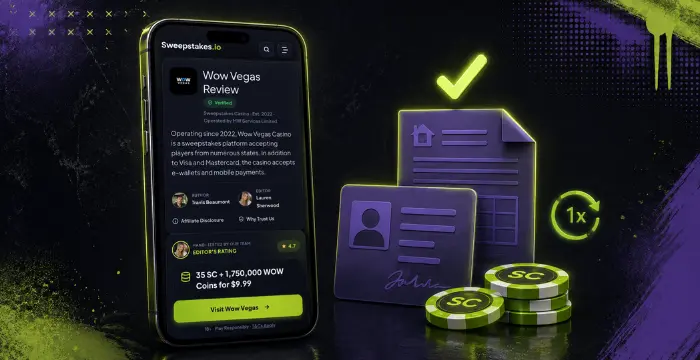 Wow Vegas review with verified documents, Sweeps Coins and 1x playthrough