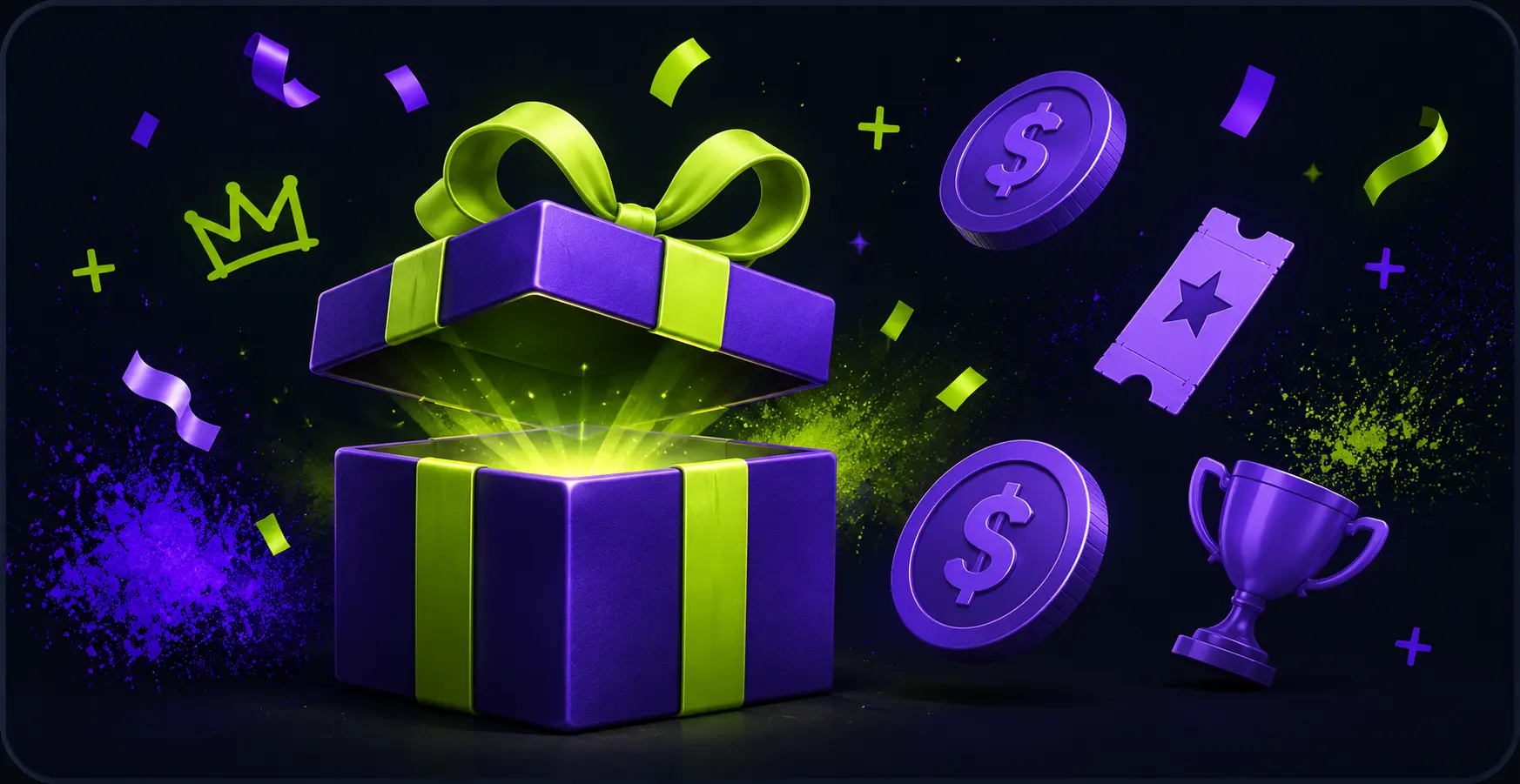 Promotional giveaway gift box with sweepstakes coins, prize ticket and trophy