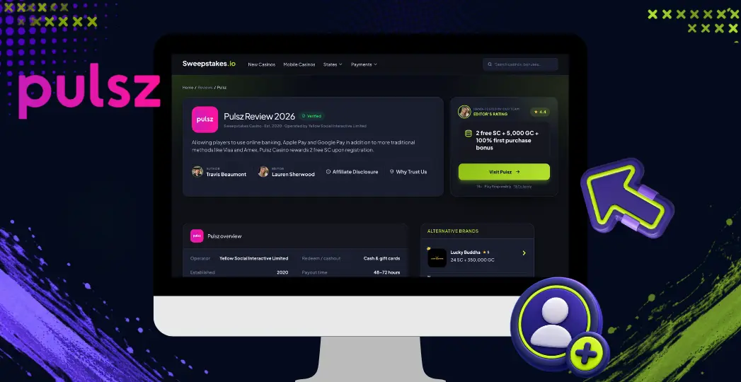 Pulsz review page on desktop with rating and account icon.