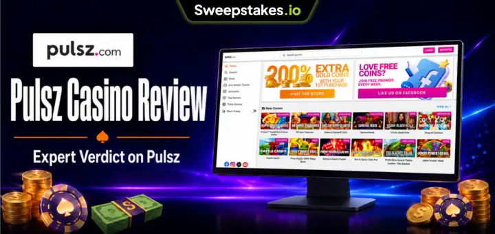 Pulsz Casino review banner with desktop game screen and sweepstakes coins.