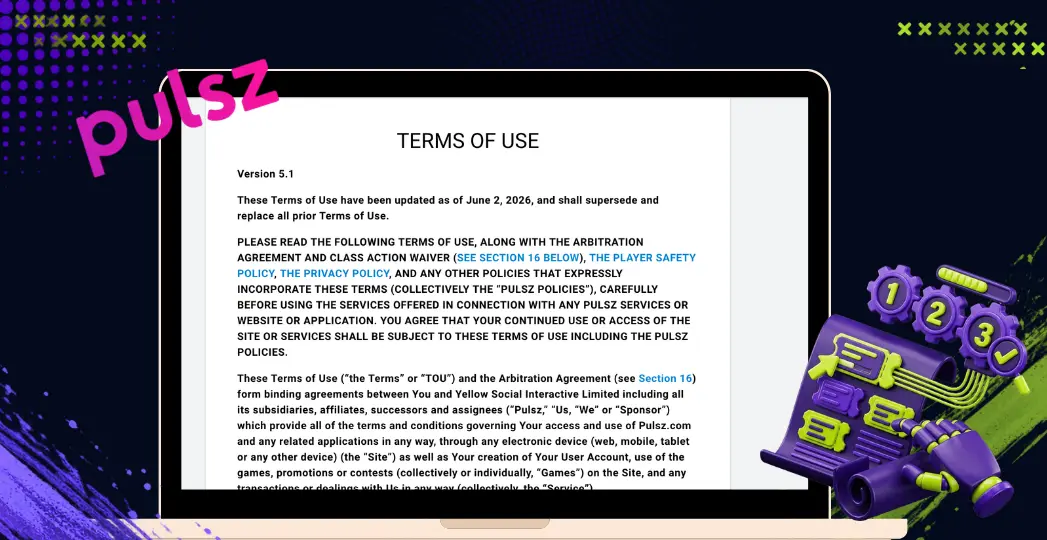 Pulsz terms of use page on desktop with checklist icon.