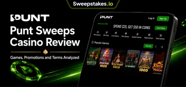 Punt Sweeps review banner with mobile casino screen and green branding.