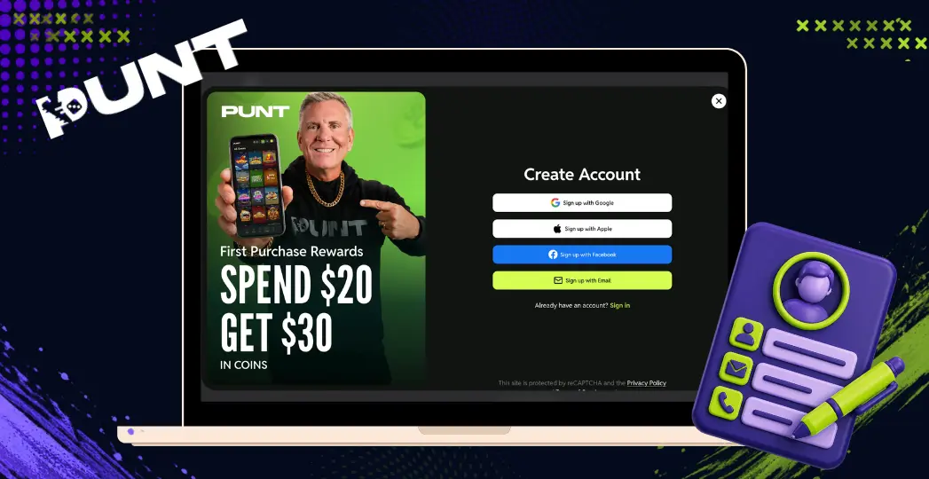 Punt account creation screen on desktop with ID checklist icon.