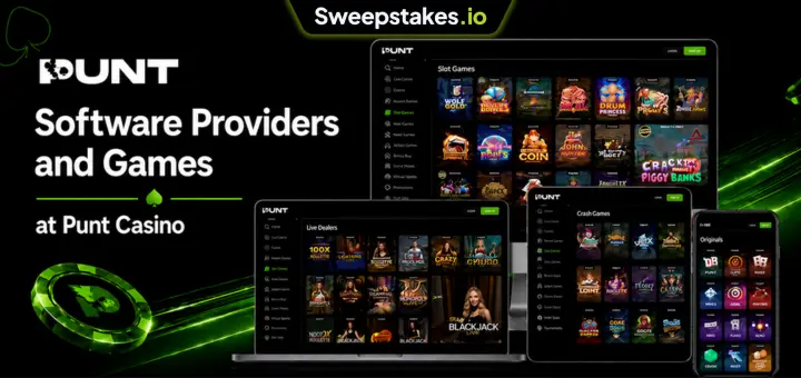 Punt software providers and games banner with multi-device casino screens.