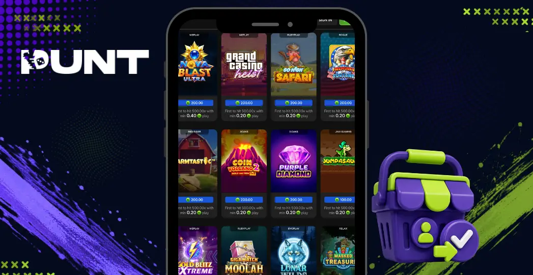 Punt mobile game lobby with shopping basket and checkmark.