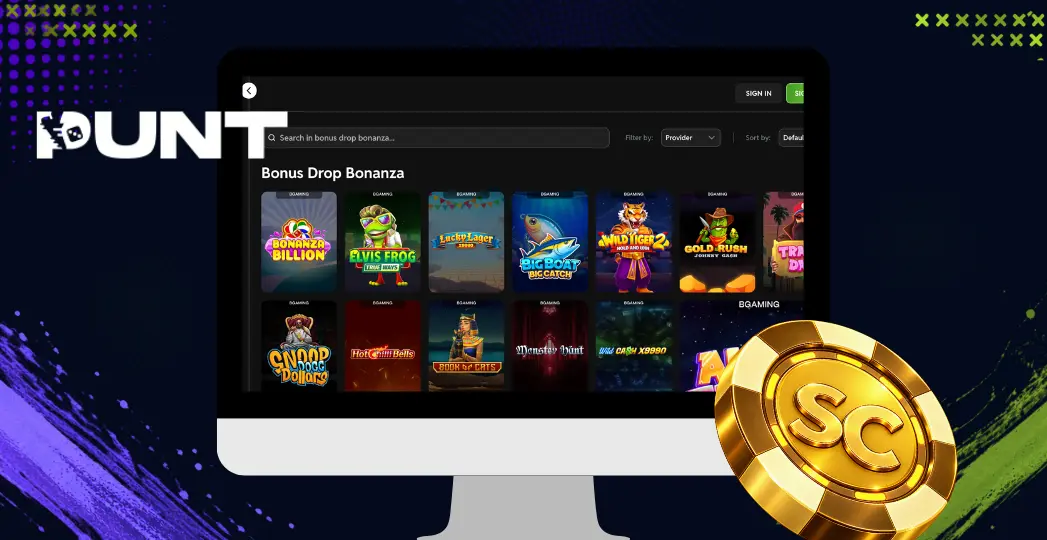 Punt bonus drop games page on desktop with SC coin.