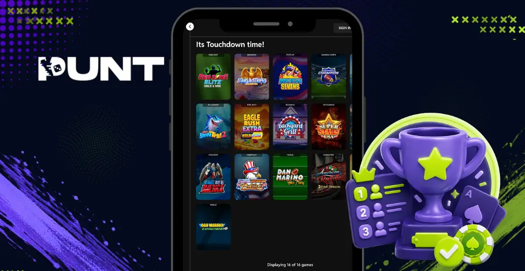 Punt mobile touchdown games screen with trophy and leaderboard icon.