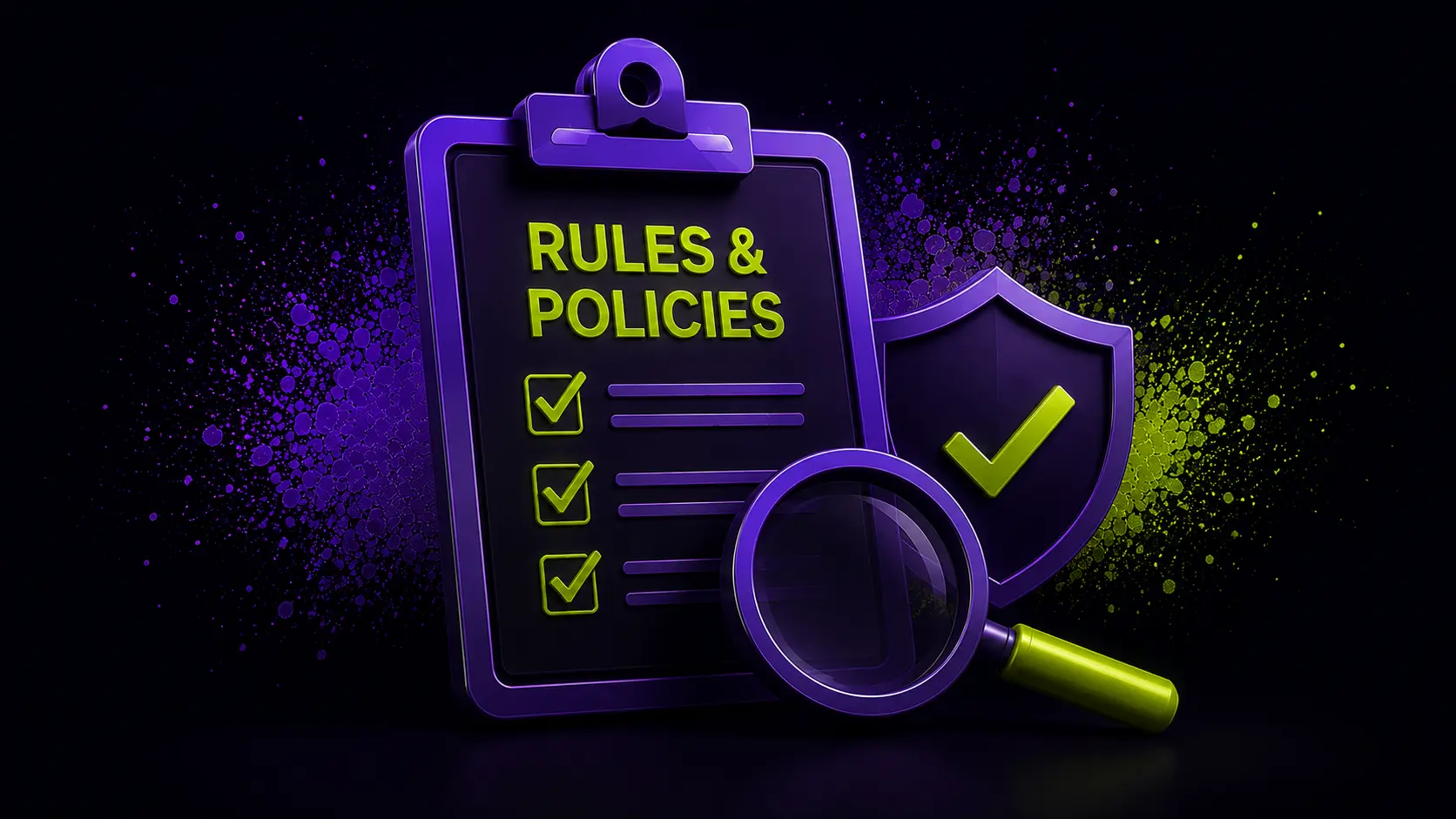 Casino rules and policies checklist with security shield and magnifying glass