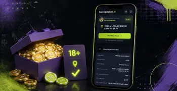 Open treasure chest of coins, 18+ checkmark badge, and phone showing Sweepstakes.io