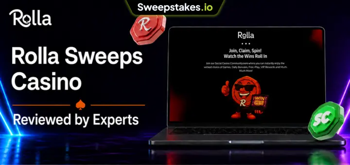 Rolla Sweeps Casino review banner with laptop homepage and Rolla tokens.