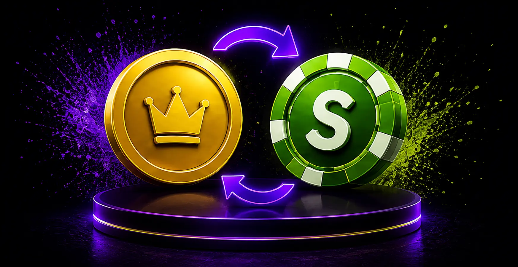 Sweepstakes casino currency selection with gold and green coins and exchange arrows