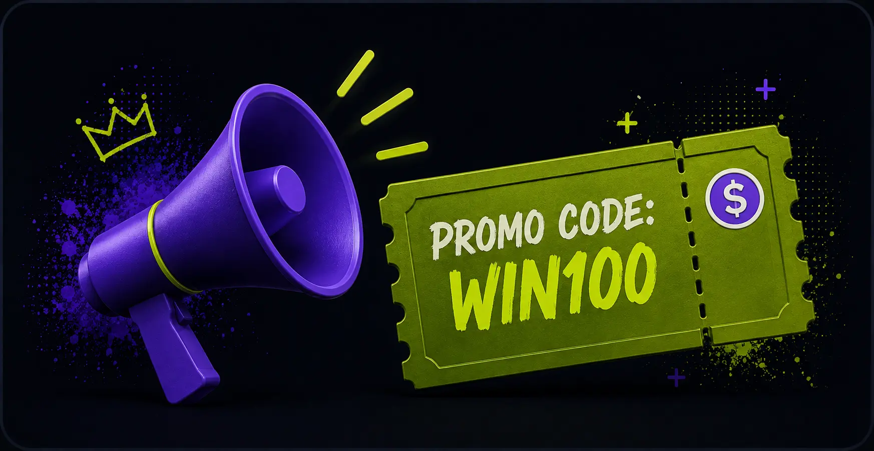 Social promo code WIN100 with megaphone and sweepstakes reward ticket