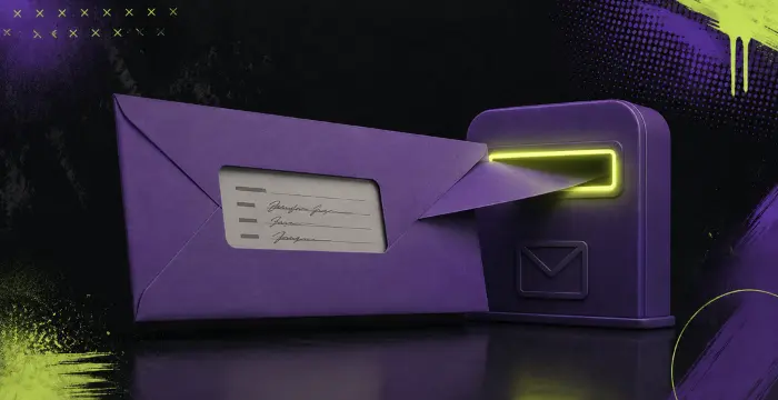 Mail-in sweepstakes entry with envelope, address form and mailbox