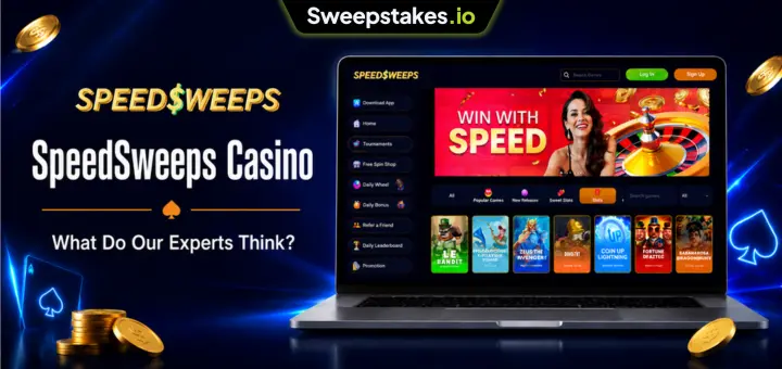 SpeedSweeps Casino review banner with laptop game screen and blue sweepstakes branding.