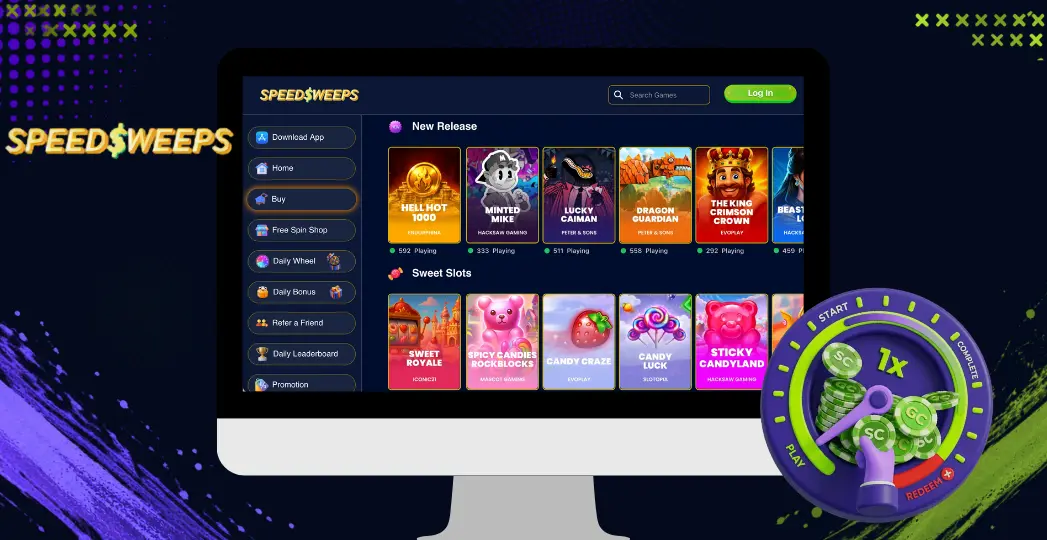 SpeedSweeps game lobby on desktop with play meter and SC coins.