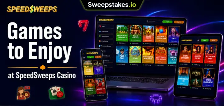 SpeedSweeps game selection banner with laptop, phone, and tablet screens.