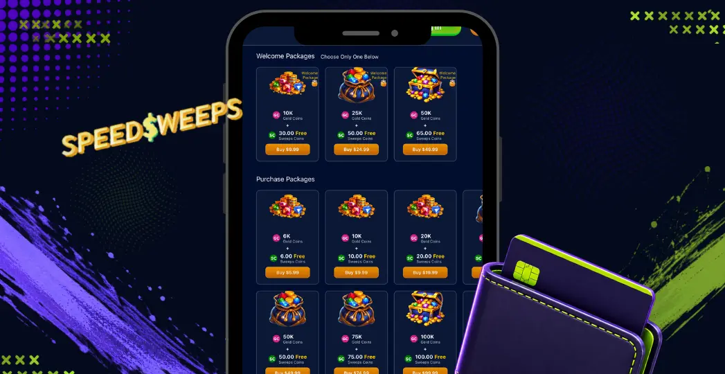 SpeedSweeps coin packages screen on mobile with wallet and payment card.