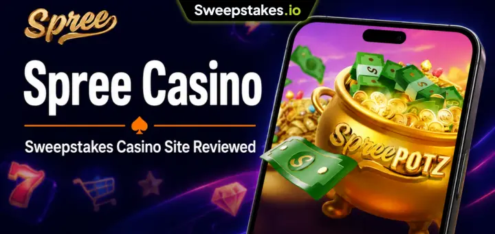 Spree Casino review banner with mobile jackpot image and sweepstakes branding.