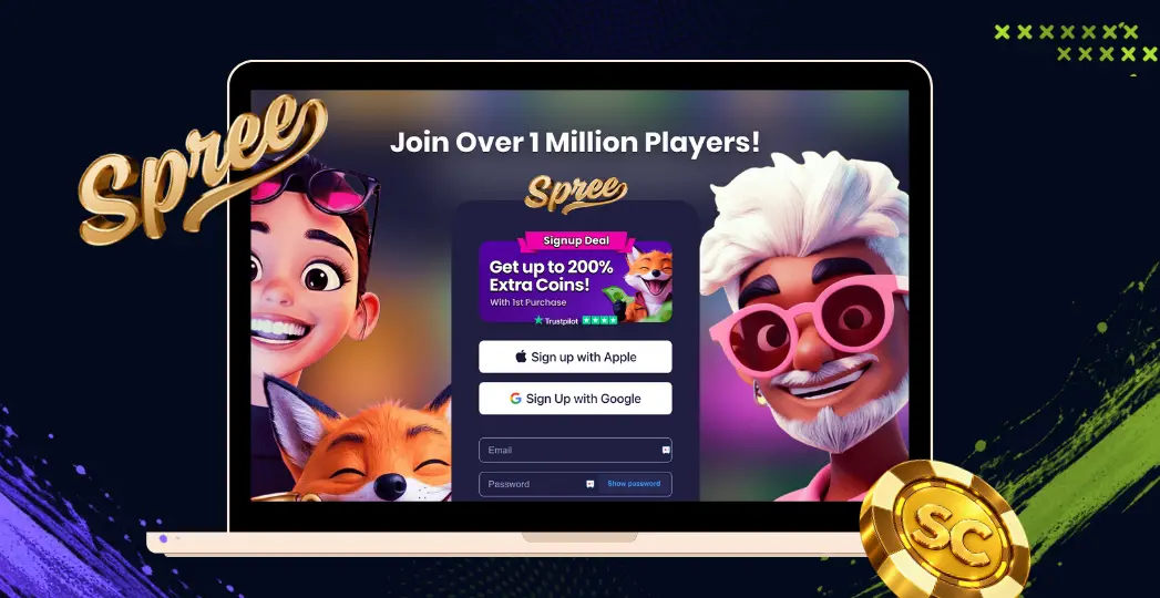 Spree mobile welcome bonus screen with gift chest and coins.