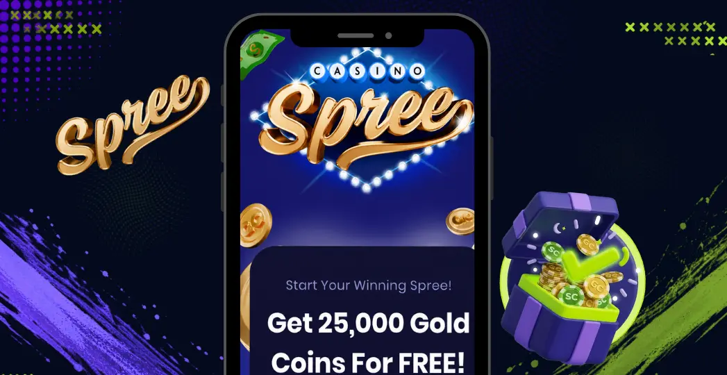 Spree mobile welcome bonus screen with gift chest and coins.