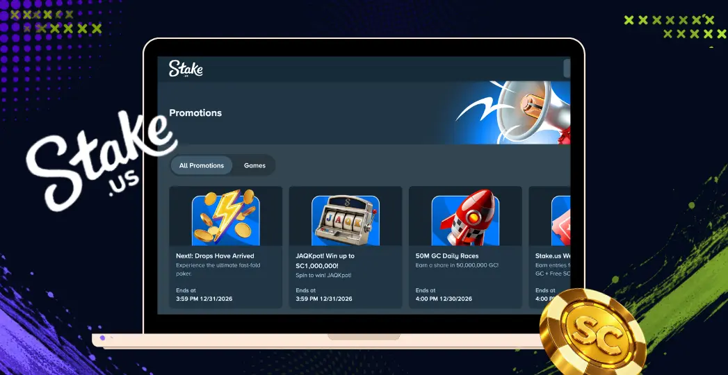 Stake.us promotions page on laptop with SC coin and sweepstakes branding.