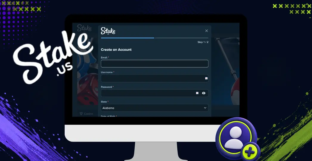 Stake.us account creation screen with desktop form and user icon.