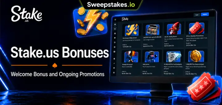 Stake.us bonuses banner with desktop promo grid and sweepstakes branding.