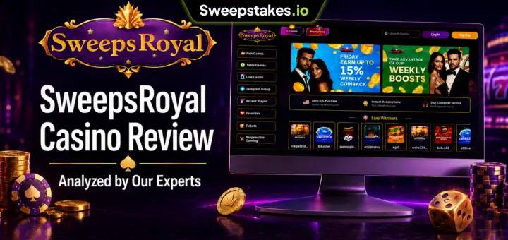 SweepsRoyal review banner with desktop casino lobby and purple-gold branding.