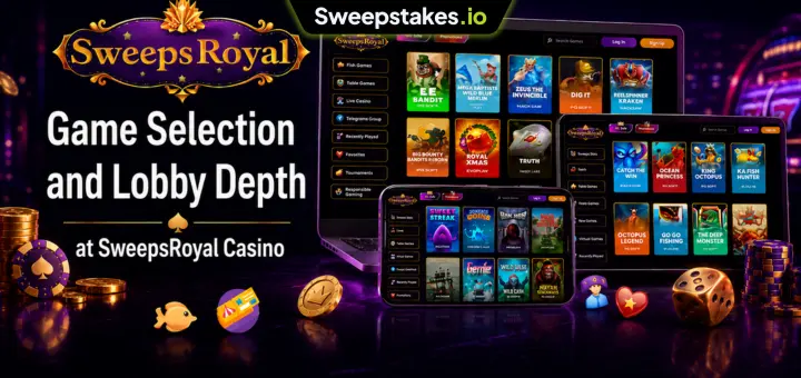 SweepsRoyal game selection banner with desktop, tablet, and mobile screens.