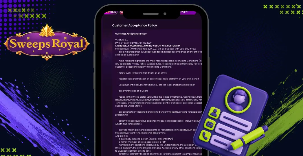 SweepsRoyal customer acceptance policy on mobile with ID checklist icon.