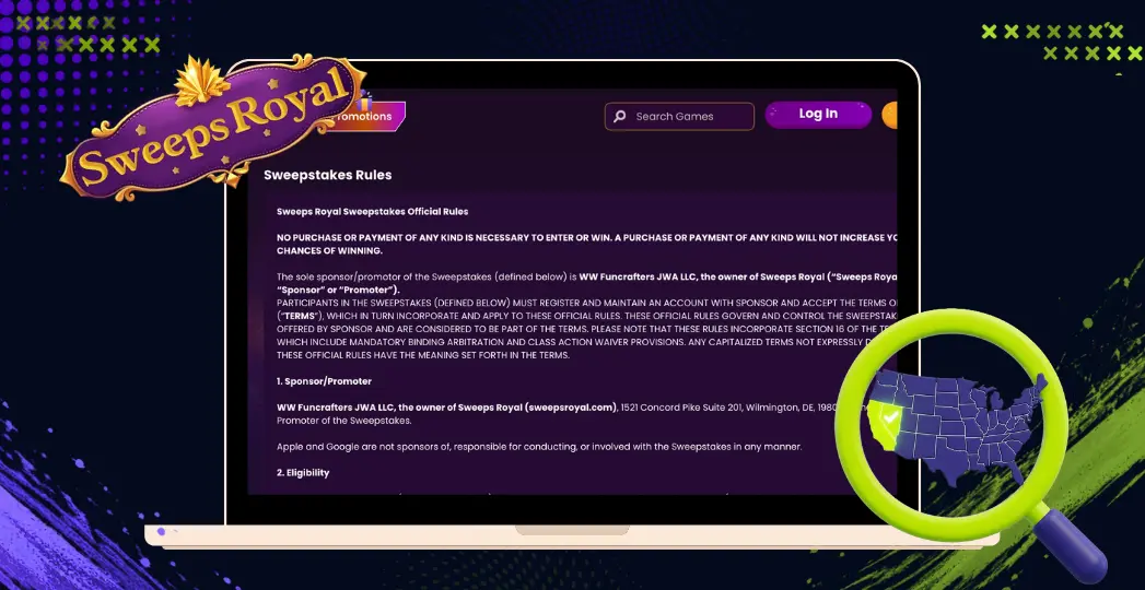 SweepsRoyal sweepstakes rules on laptop with US map magnifier.