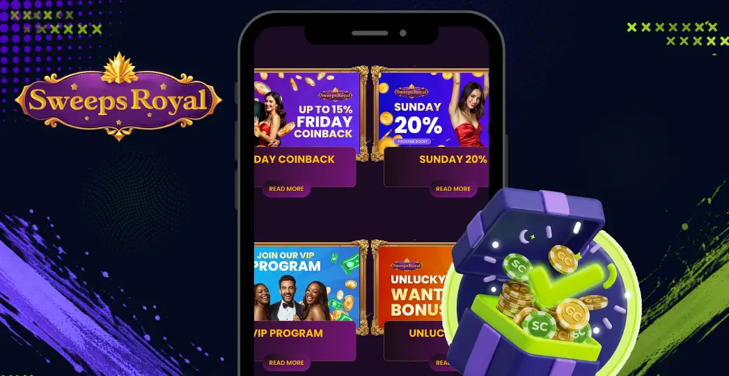 SweepsRoyal promotions page on mobile with bonus chest and coins.