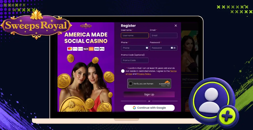 SweepsRoyal registration form on laptop with account icon.