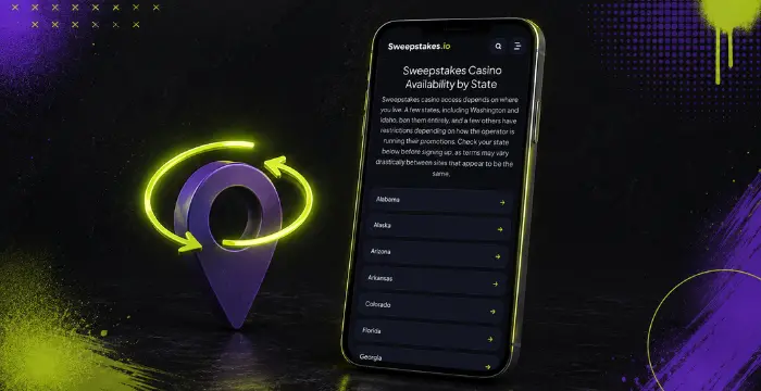 Phone listing Sweepstakes Casino availability by state with spinning pin