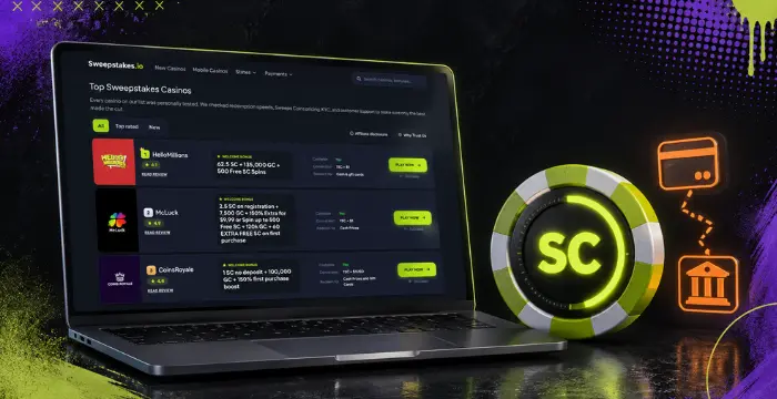 Laptop showing Top Sweepstakes Casinos with glowing SC chip and payment icons