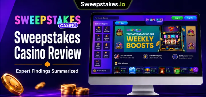 Sweepstakes Casino review banner with desktop lobby and Gold Coins.