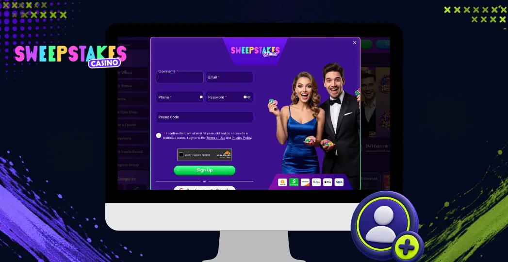 Sweepstakes Casino registration form on desktop with account icon.