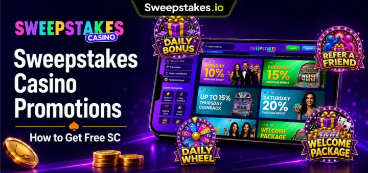Sweepstakes Casino promotions banner with offers and bonus badges.